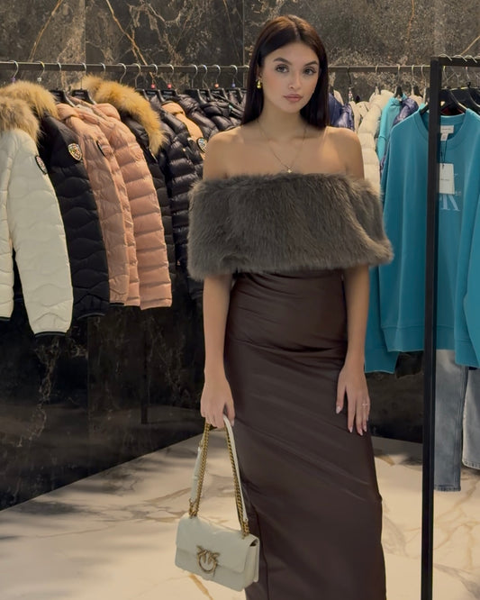 Lumina - Abito in pelle lungo marrone con pelliccia | Christian Store