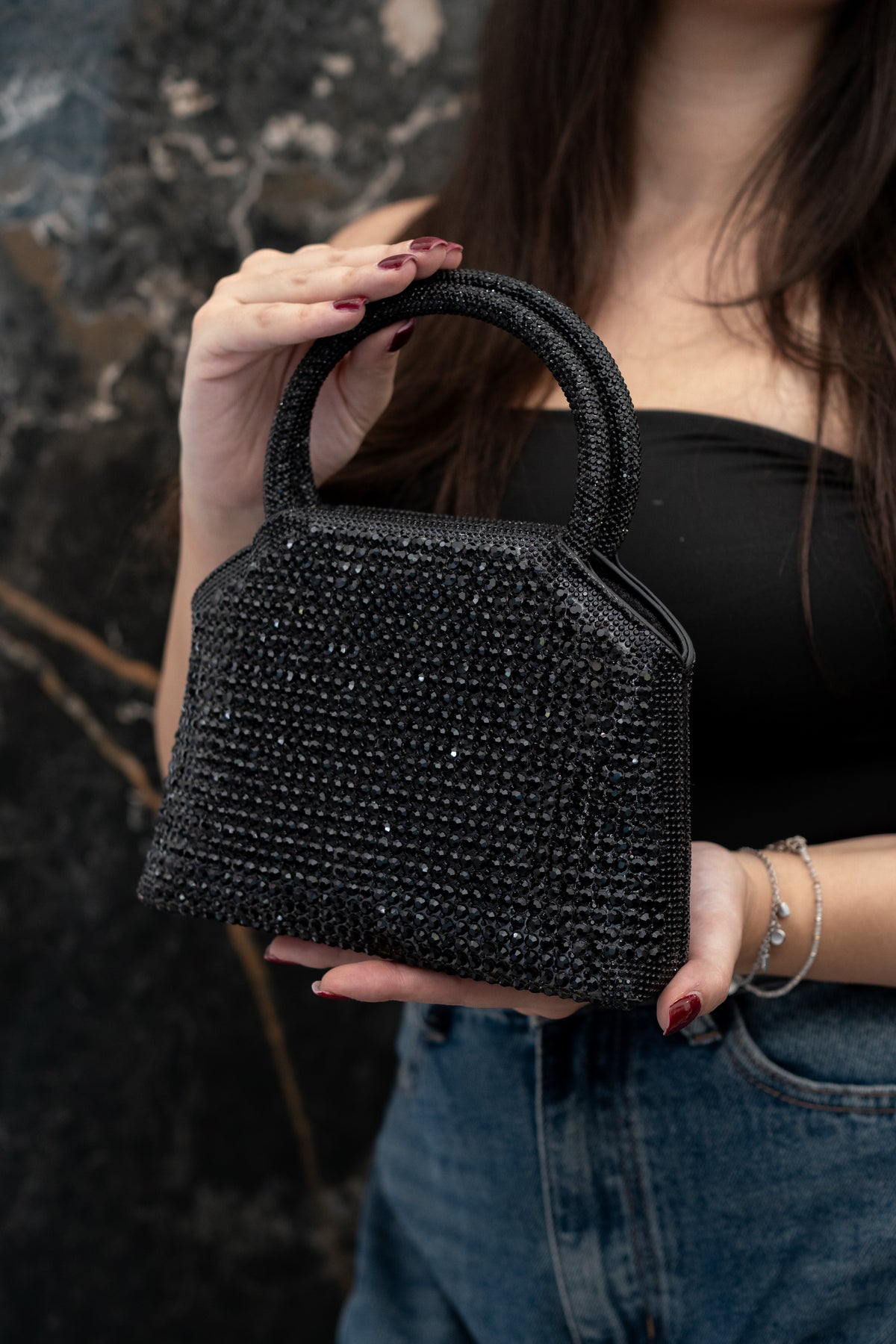 Mini borsa a mano donna nera con strass e manico rigido – Borsa gioiello elegante da sera | Christian Store