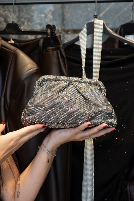 Pochette donna con strass grigio canna di fucile e pieghe – Clutch elegante da sera | Christian Store