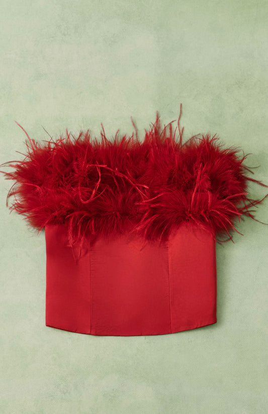 Lumina - Top rosso raso e piume | Christian Store
