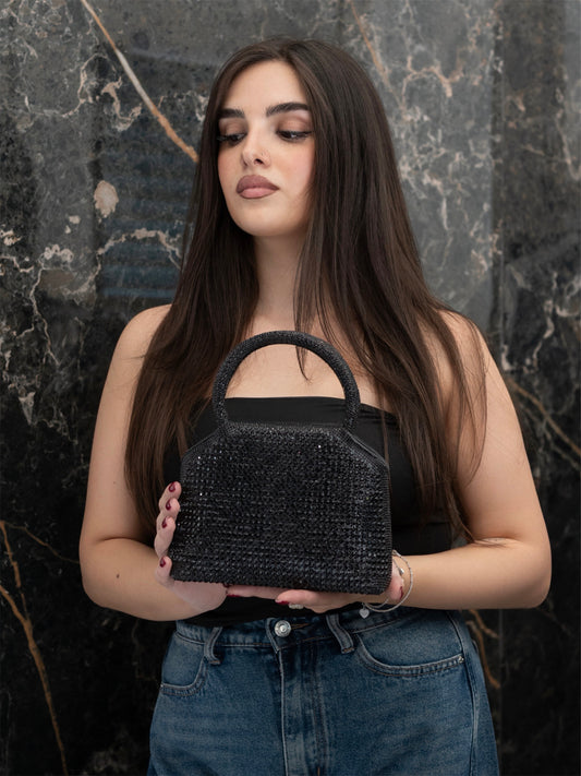Mini borsa a mano donna nera con strass e manico rigido – Borsa gioiello elegante da sera | Christian Store